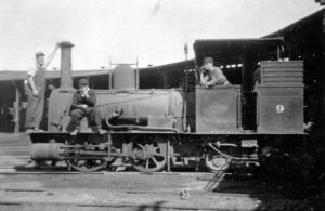 Lionel Noble, V Class locomotive at roundhouse